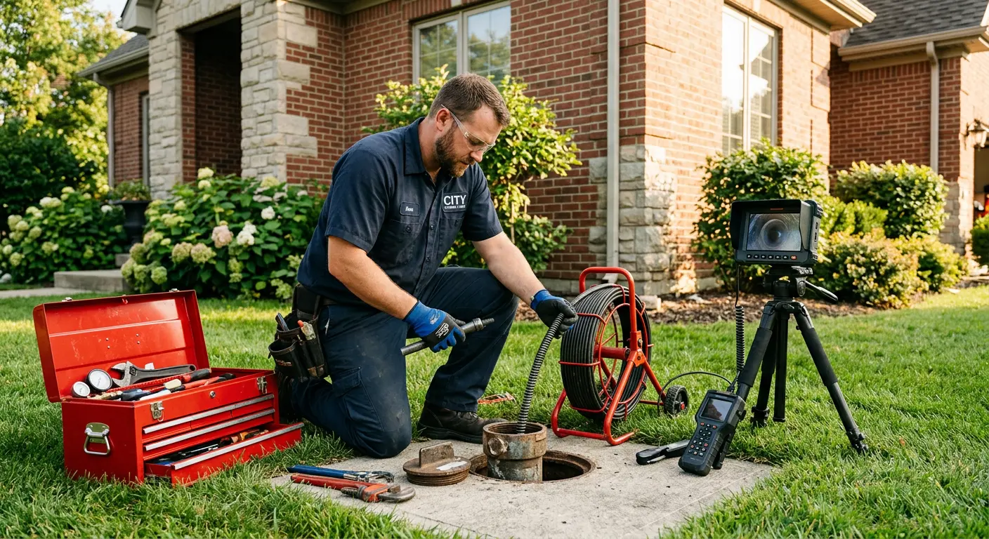 Sewer specialist with camera equipment servicing a cleanout in Pepper Pike