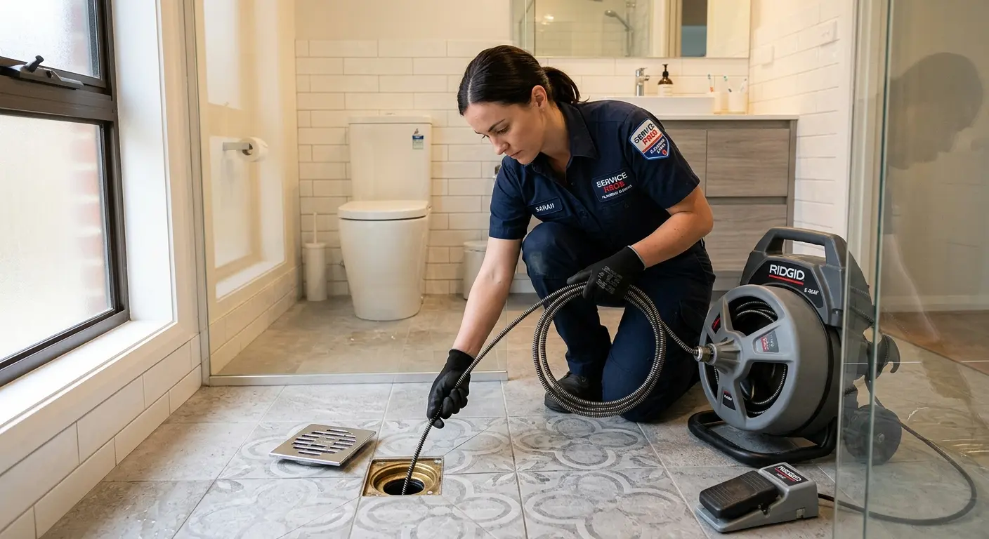 Technician clearing a bathroom floor drain for Sewer Line Installation in Pepper Pike